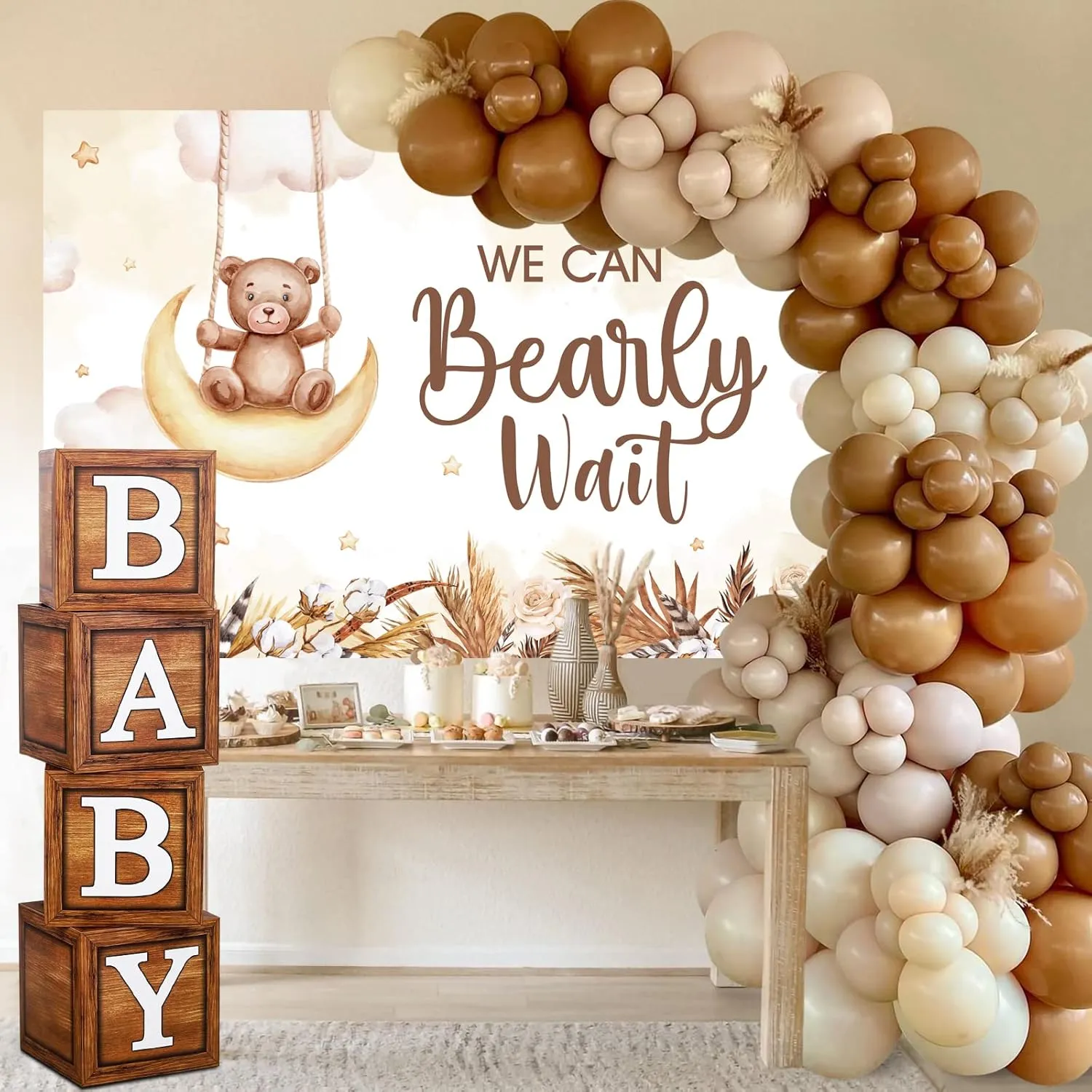Teddy Bear Baby Shower Party Decorations - Wood Grain Boxes with Baby Letters, 90PCS Nude and Brown Balloons, Boho Backdrop “We Can Bearly Wait” for BabyShower, Gender Reveal,Birthday Party