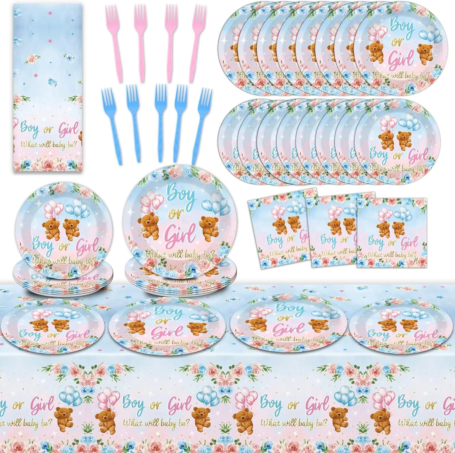 Teddy Bear Gender Reveal Themed Supplies Pink Blue Bear Baby Shower Tableware for Gender Reveal Party What Will Baby Be Themed Disposable Tablecloth Paper Plates for Boys Girls Birthday Party Favors