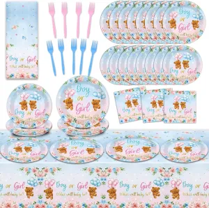 Teddy Bear Gender Reveal Themed Supplies Pink Blue Bear Baby Shower Tableware for Gender Reveal Party What Will Baby Be Themed Disposable Tablecloth Paper Plates for Boys Girls Birthday Party Favors