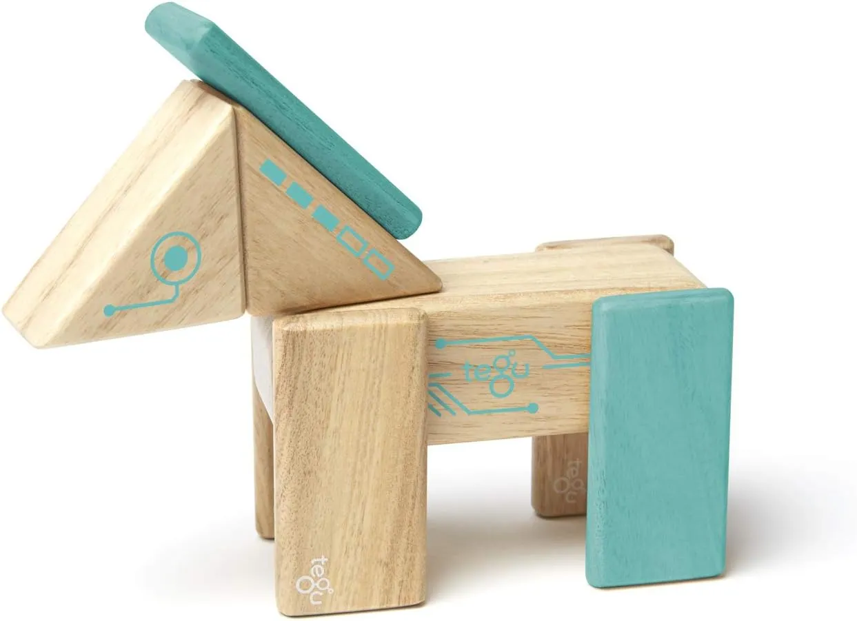 Tegu Robo Magnetic Wooden Block Set, Electric Aqua, 8 PIECE