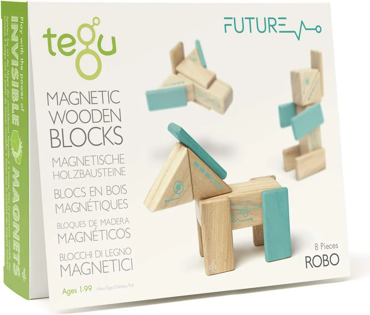 Tegu Robo Magnetic Wooden Block Set, Electric Aqua, 8 PIECE