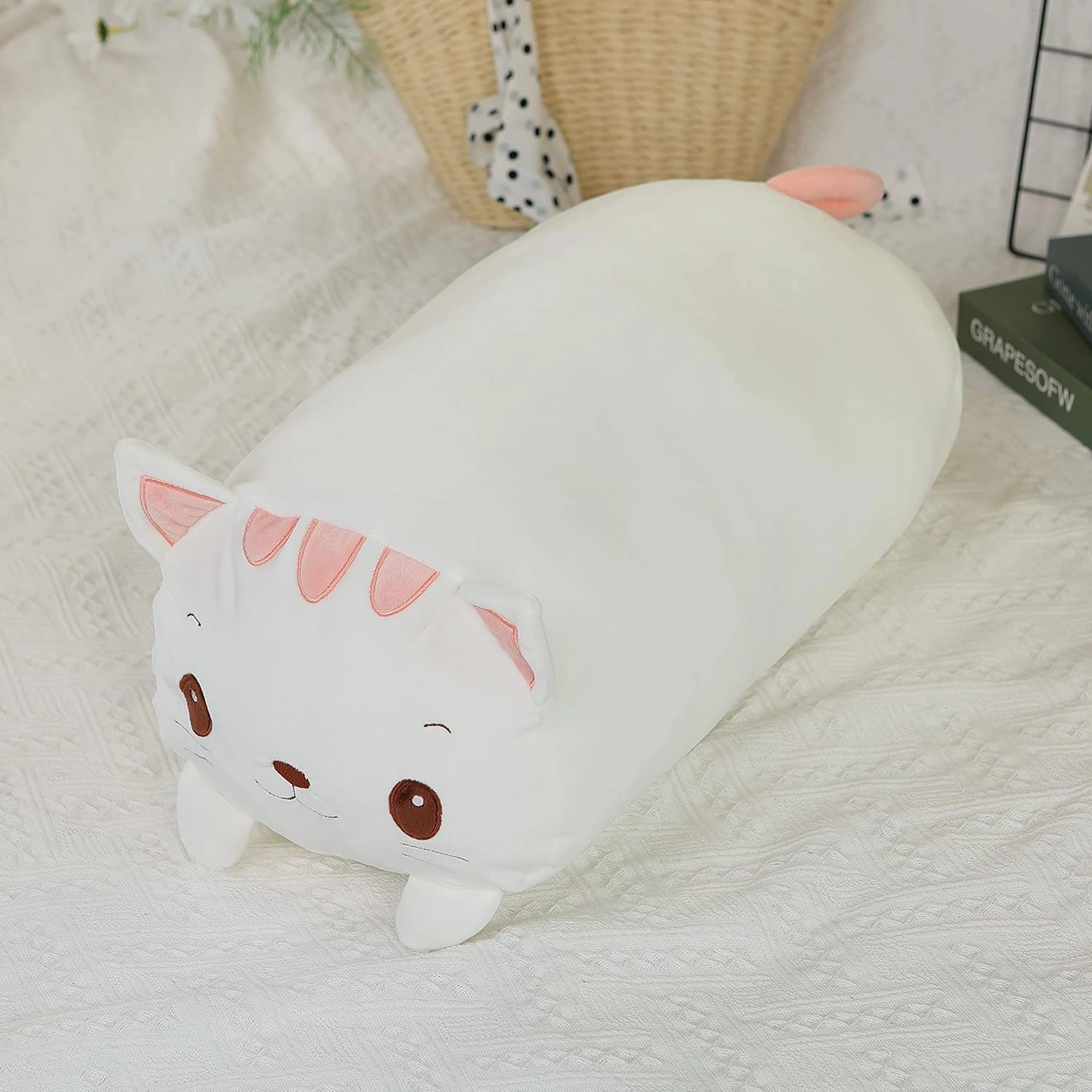 TemBe 23.6 inch Cute Large Cat Plush Stuffed Animal Pillow, Very Soft Squish Mellow Hugging Toy Gifts for Bedding, Kids Sleeping Cute Pillow (White Cat)