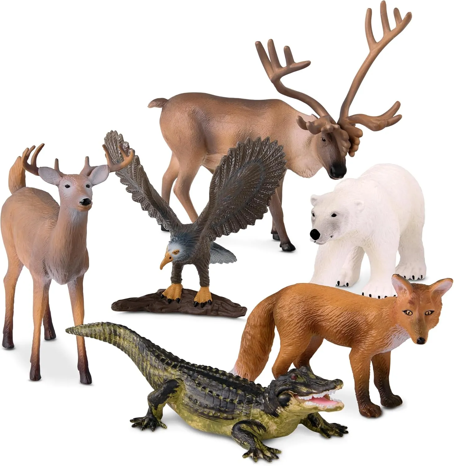 Terra by Battat – 6 Pcs 4-5" North American Animal Figurines(Reindeer, Fox, Polar Bear, White Tailed Deer, Alligator, Bald Eagle) – Realistic Toy Figures for Kids 3 