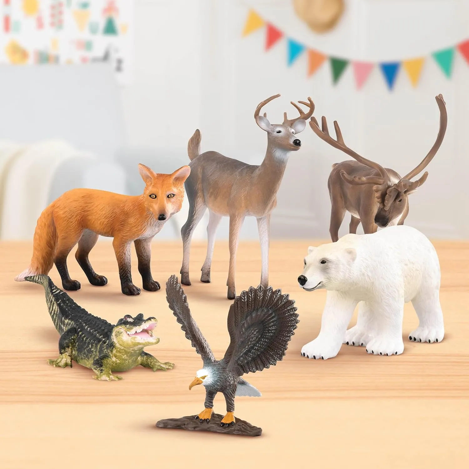Terra by Battat – 6 Pcs 4-5" North American Animal Figurines(Reindeer, Fox, Polar Bear, White Tailed Deer, Alligator, Bald Eagle) – Realistic Toy Figures for Kids 3 