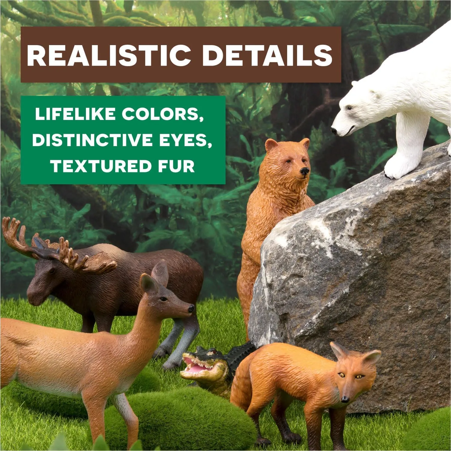 Terra by Battat – 6 Pcs 4-5" North American Animal Figurines(Reindeer, Fox, Polar Bear, White Tailed Deer, Alligator, Bald Eagle) – Realistic Toy Figures for Kids 3 