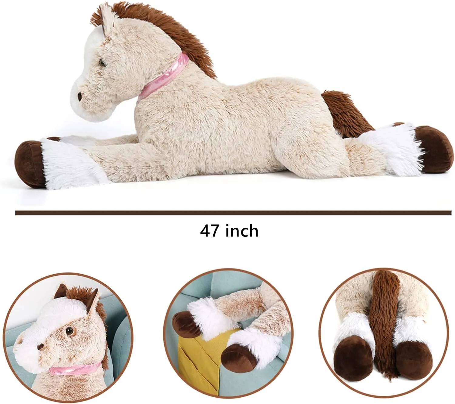 Tezituor Giant Horse Stuffed Animal, 4ft Soft Horse Plush Hugging Pillow, Realistic Large Stuffed Brown Horse Plush Toys Birthday Gifts for Boys Girls