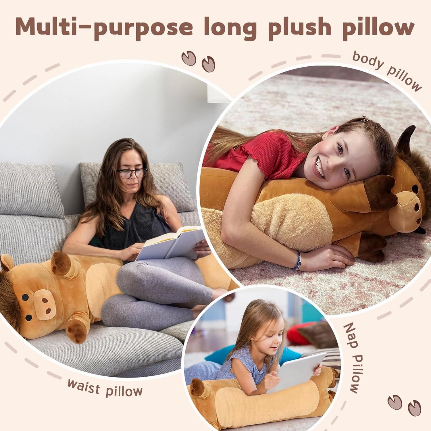 Tezituor 43" Giant Highland Cow Stuffed Animal, Large Stuffed Highland Cow Plush Toy Hugging Soft Long Cow Plush Body Pillow for Boys Girls