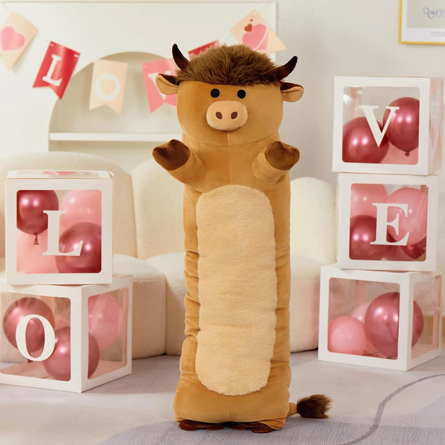 Tezituor 43" Giant Highland Cow Stuffed Animal, Large Stuffed Highland Cow Plush Toy Hugging Soft Long Cow Plush Body Pillow for Boys Girls