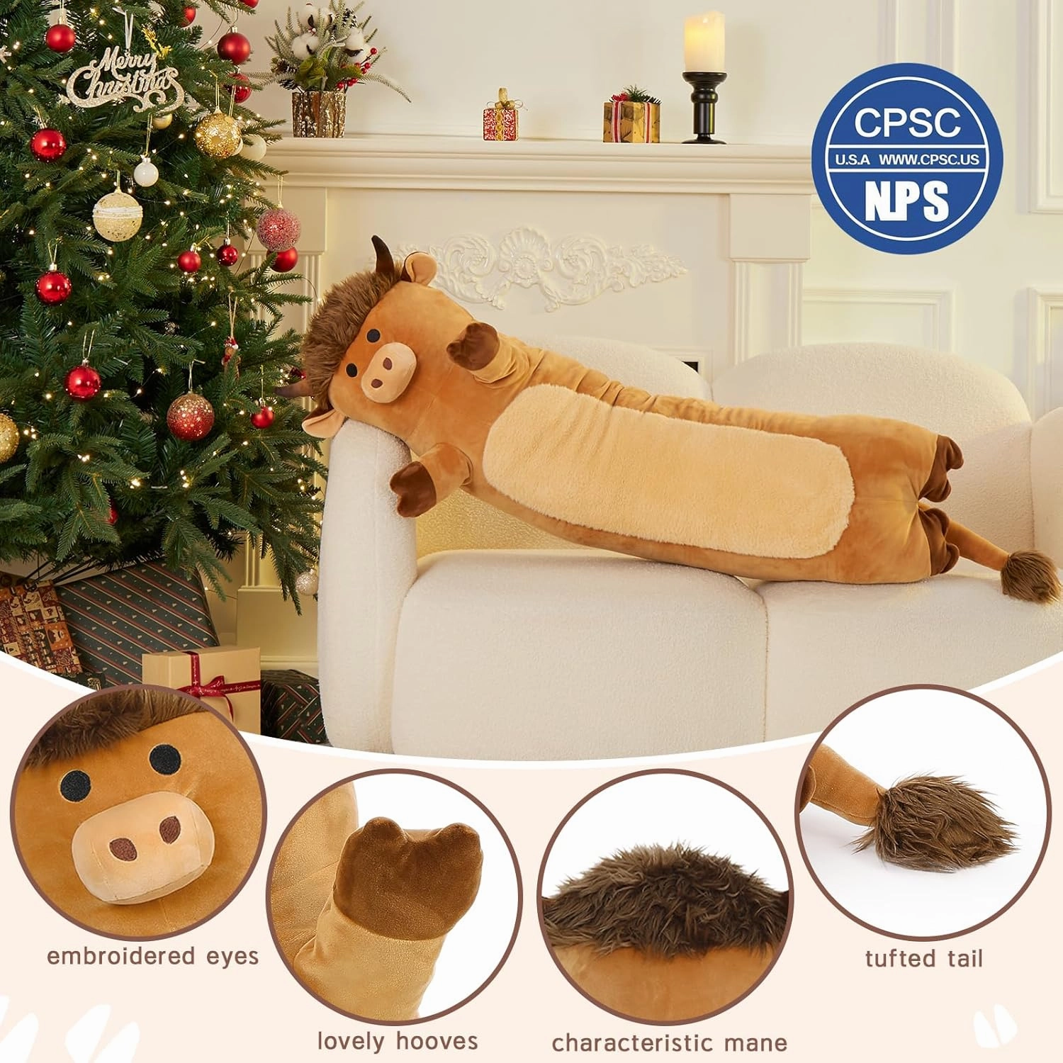 Tezituor 43" Giant Highland Cow Stuffed Animal, Large Stuffed Highland Cow Plush Toy Hugging Soft Long Cow Plush Body Pillow for Boys Girls