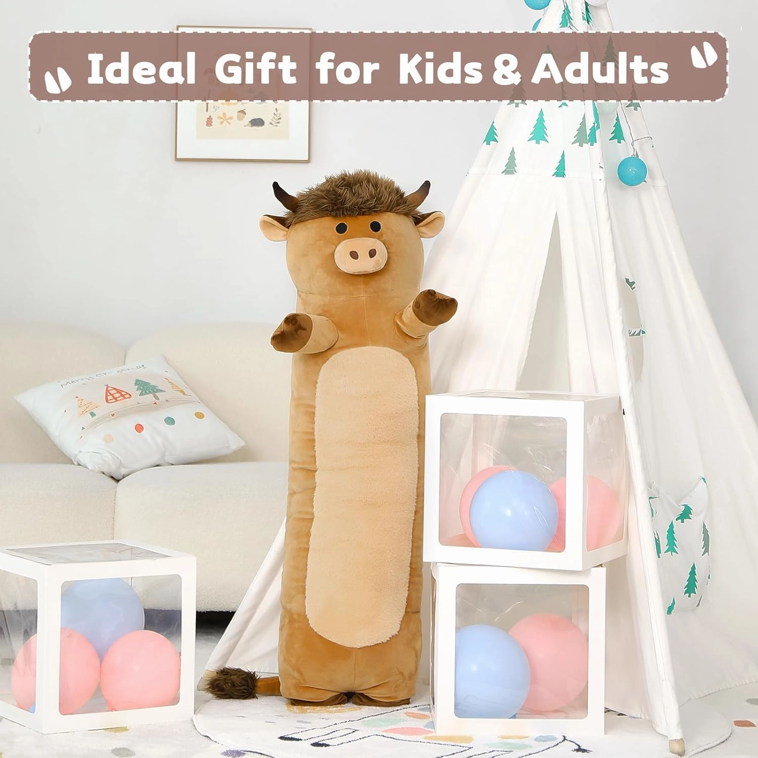 Tezituor 43" Giant Highland Cow Stuffed Animal, Large Stuffed Highland Cow Plush Toy Hugging Soft Long Cow Plush Body Pillow for Boys Girls