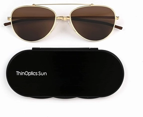 ThinOptics Milano Aluminum Case   Aviator Sunglasses, Gold Frame/Brown Lens, 54 mm