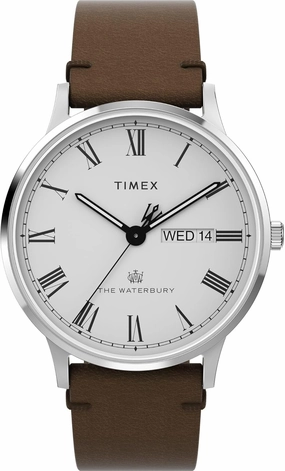 Timex Men's Waterbury Classic 40mm Watch - Brown Strap White Dial Stainless Steel Case