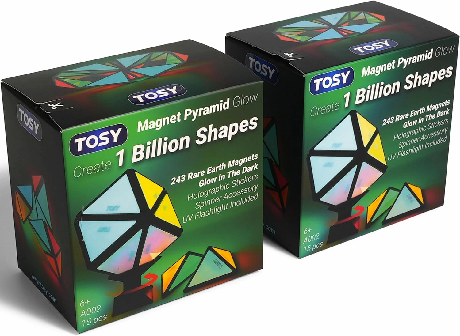 TOSY Magnet Pyramid Glow - 1 Cube Transforms into 1 Billion Shapes, 12 pcs, 4th of July Decorations, 243 Rare Earth Magnets, Glowing, Holographic Design Magnet Tiles Creative Puzzle STEM Toy, 2-Pack