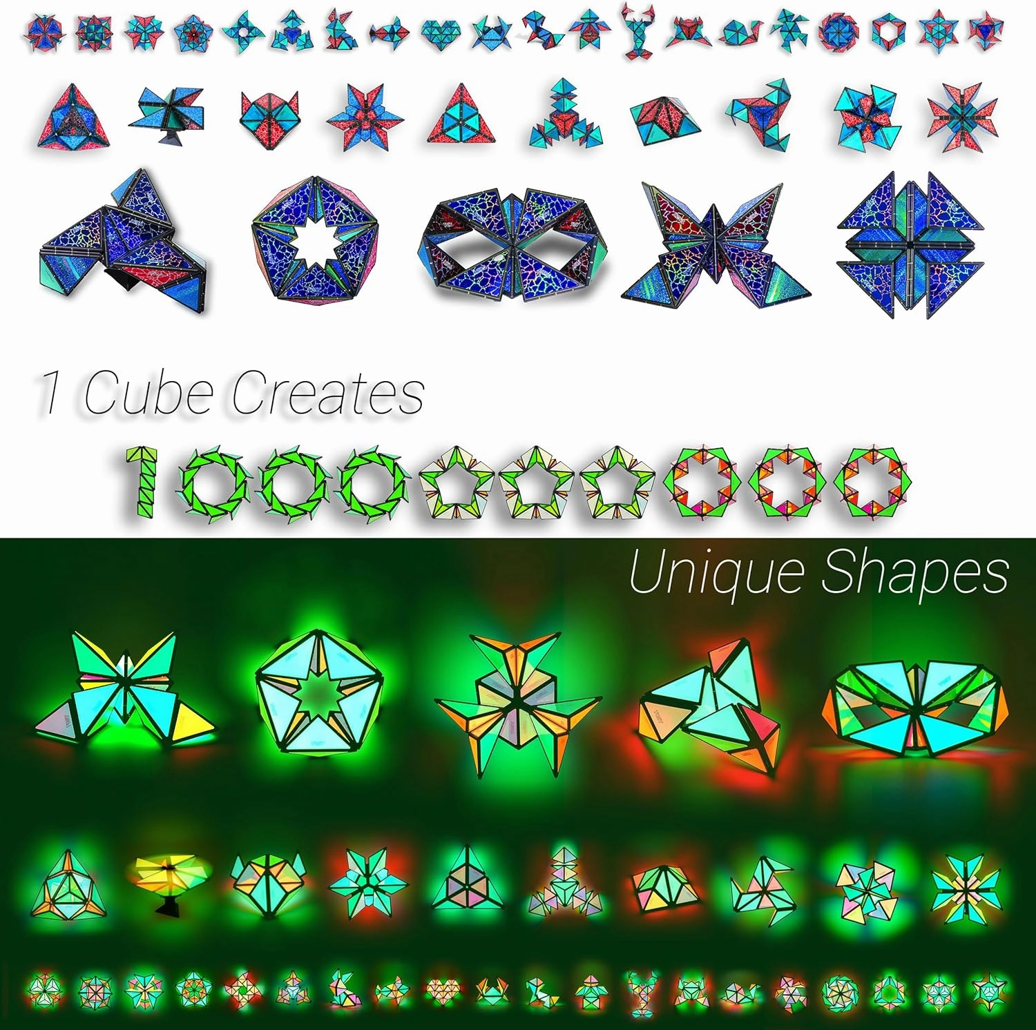 TOSY Magnet Pyramid Glow - 1 Cube Transforms into 1 Billion Shapes, 12 pcs, 4th of July Decorations, 243 Rare Earth Magnets, Glowing, Holographic Design Magnet Tiles Creative Puzzle STEM Toy, 2-Pack