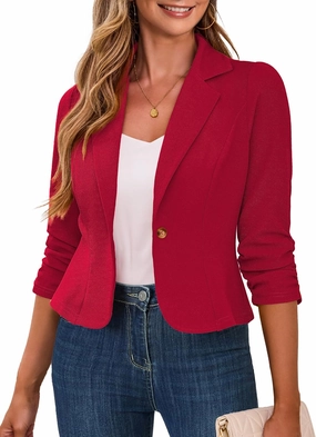 Traleubie Women's Cropped Blazers 3/4 Ruched Sleeve Lightweight Office Wear Short Blazer with Button, S-XL