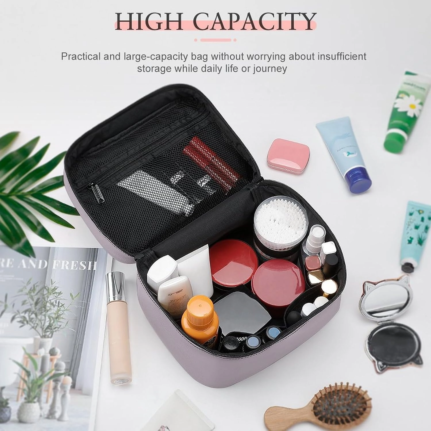Travel Makeup Bag, Simple Stylish Chic Dusty Lilac Cosmetic Bags for Women Large Capacity Waterproof Toiletry Bag Make up Organizer