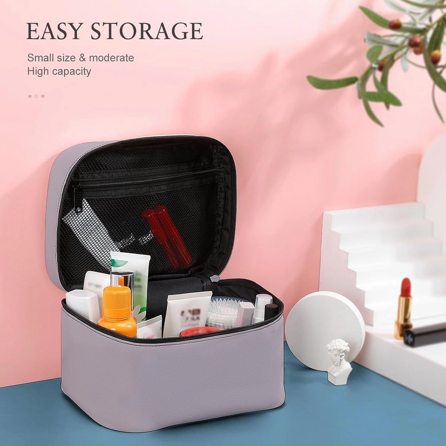 Travel Makeup Bag, Simple Stylish Chic Dusty Lilac Cosmetic Bags for Women Large Capacity Waterproof Toiletry Bag Make up Organizer