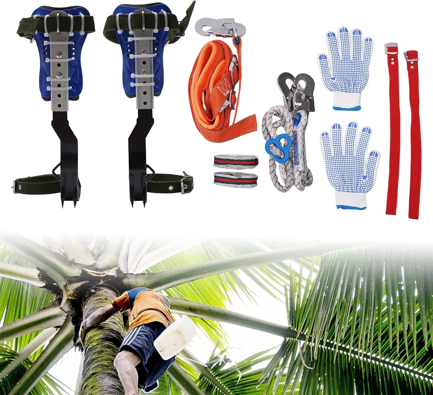 Tree Climbing Kit, Adjustable Tree Climbing Step Gear, 330.69 LBS Load, 15.3-17.7 In Length Adjustable, 4 In U Pedal, 6.56 FT Long Safety Rope, Used for Tree Climbing, Outdoor Climbing Climbing