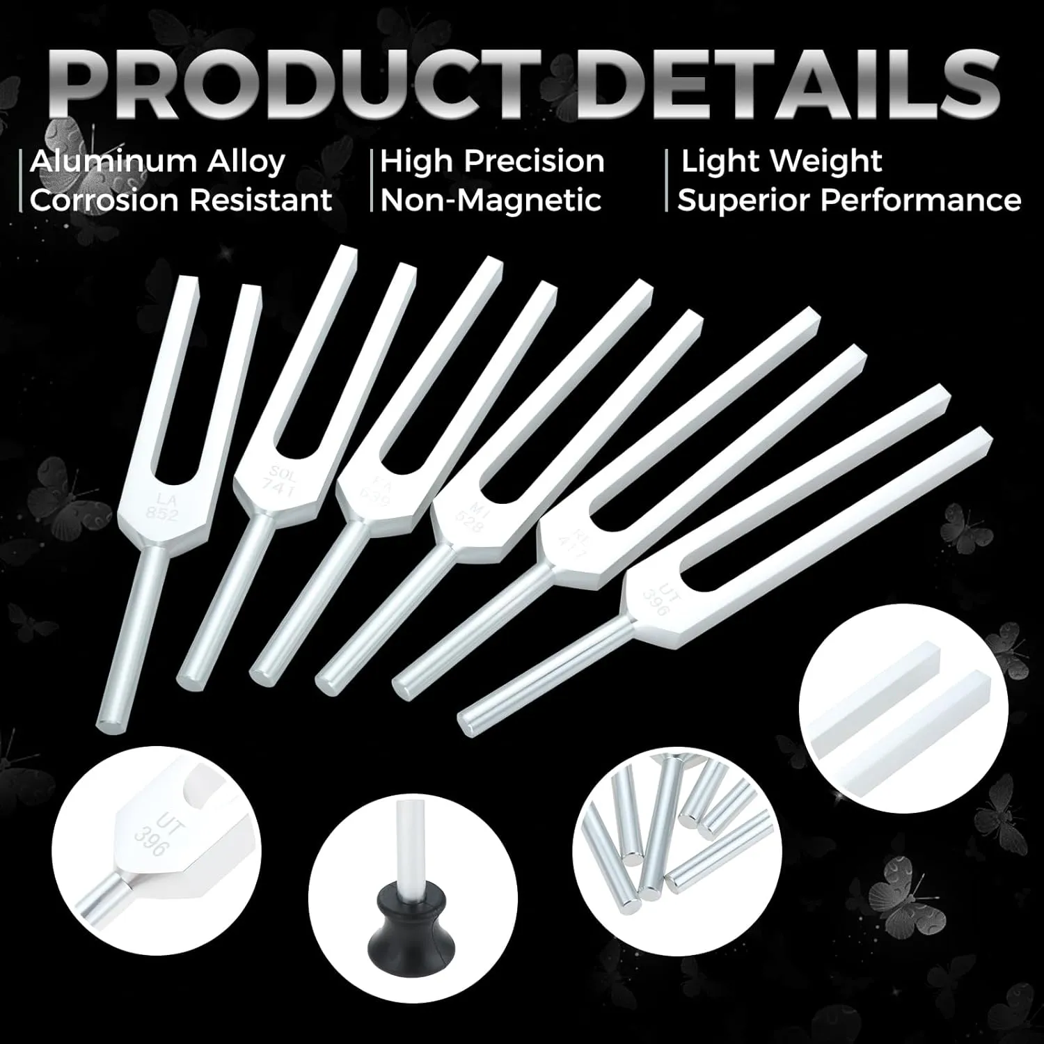 Tuning Fork Set of 6 (UT 396 Hz, RE 417 Hz, MI 528 Hz, SOL 639 HZ, FA 741 HZ, LA 852 HZ) for Sound, Musical Instrument, with Wooden Hammer and Soft Storage Bag