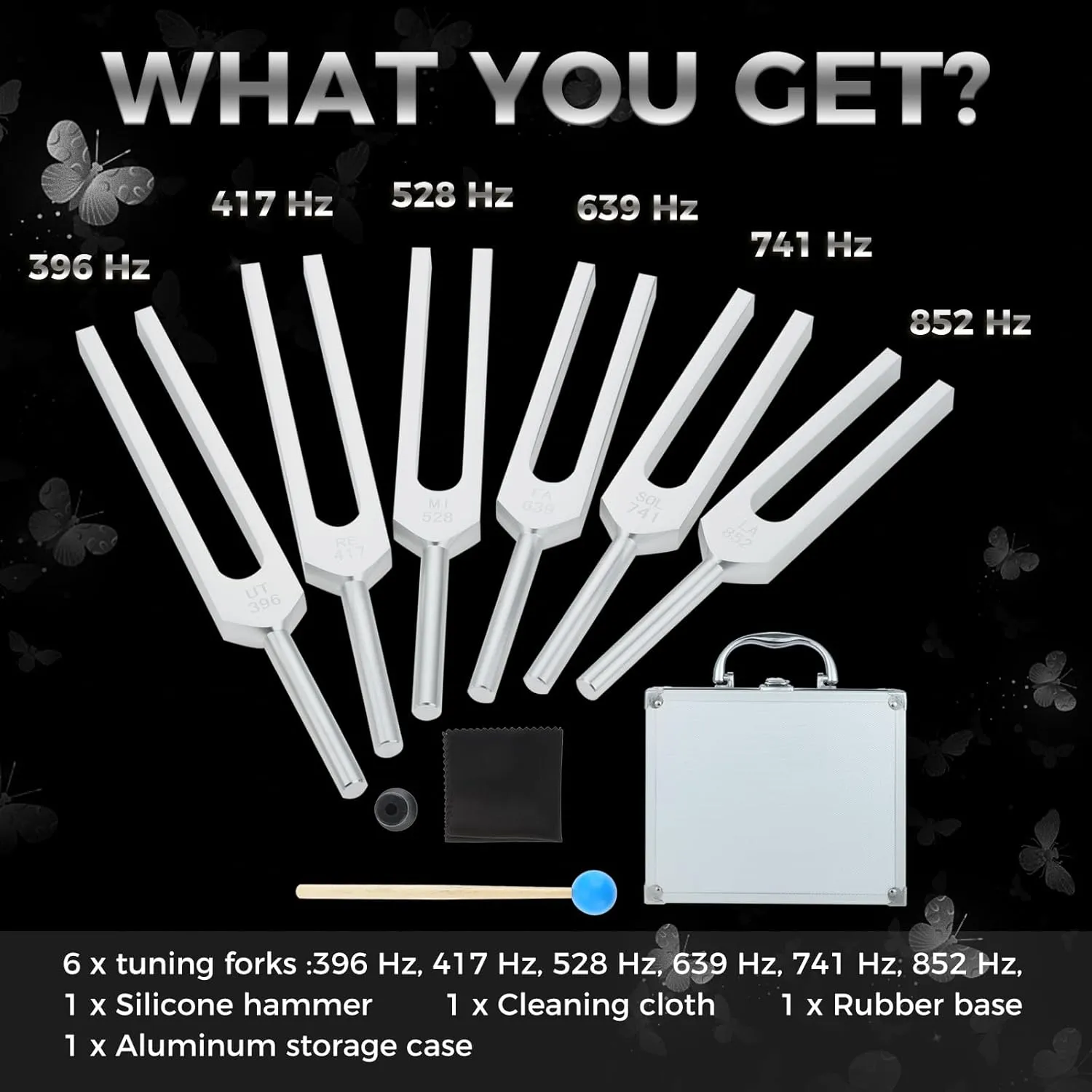 Tuning Fork Set of 6 (UT 396 Hz, RE 417 Hz, MI 528 Hz, SOL 639 HZ, FA 741 HZ, LA 852 HZ) for Sound, Musical Instrument, with Wooden Hammer and Soft Storage Bag