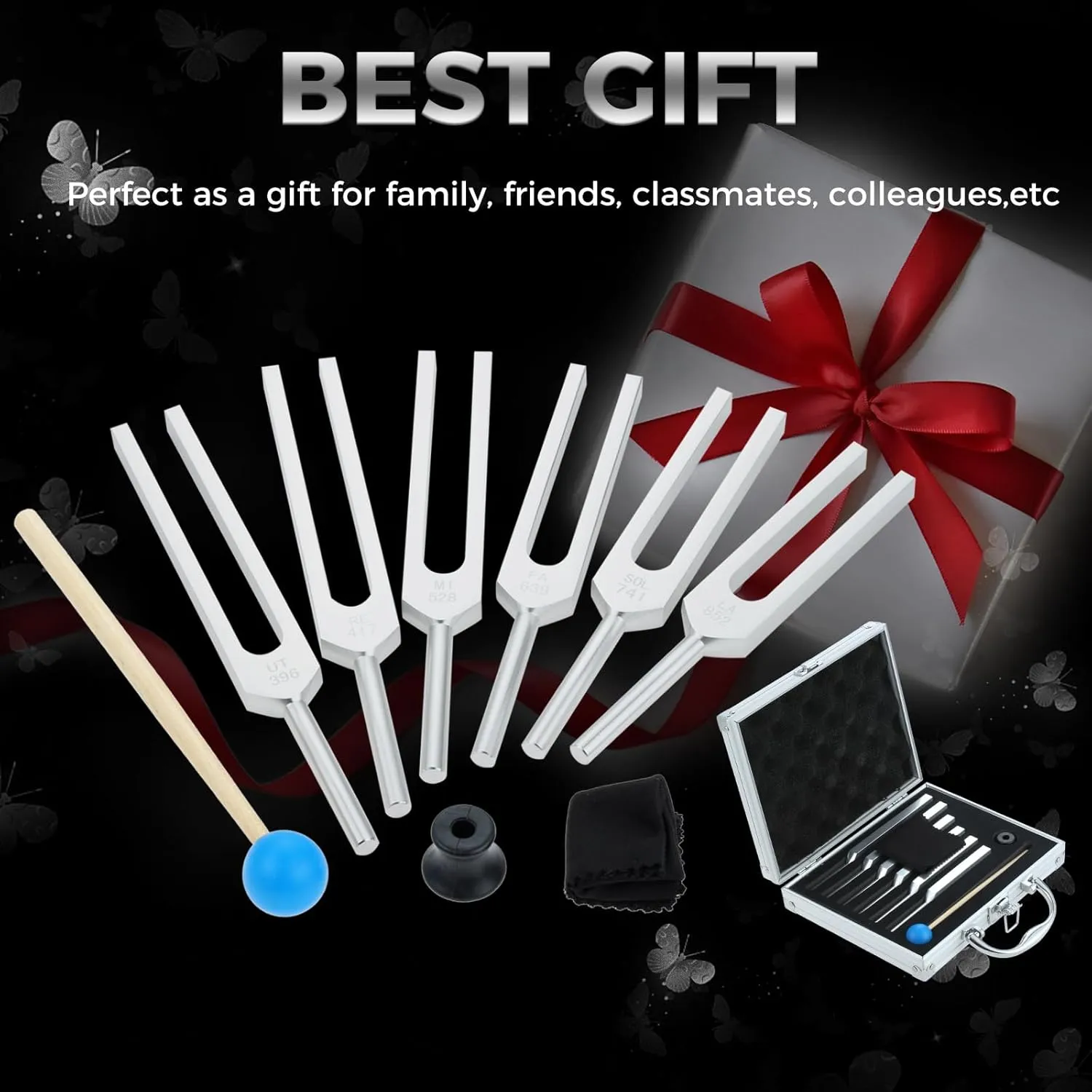 Tuning Fork Set of 6 (UT 396 Hz, RE 417 Hz, MI 528 Hz, SOL 639 HZ, FA 741 HZ, LA 852 HZ) for Sound, Musical Instrument, with Wooden Hammer and Soft Storage Bag