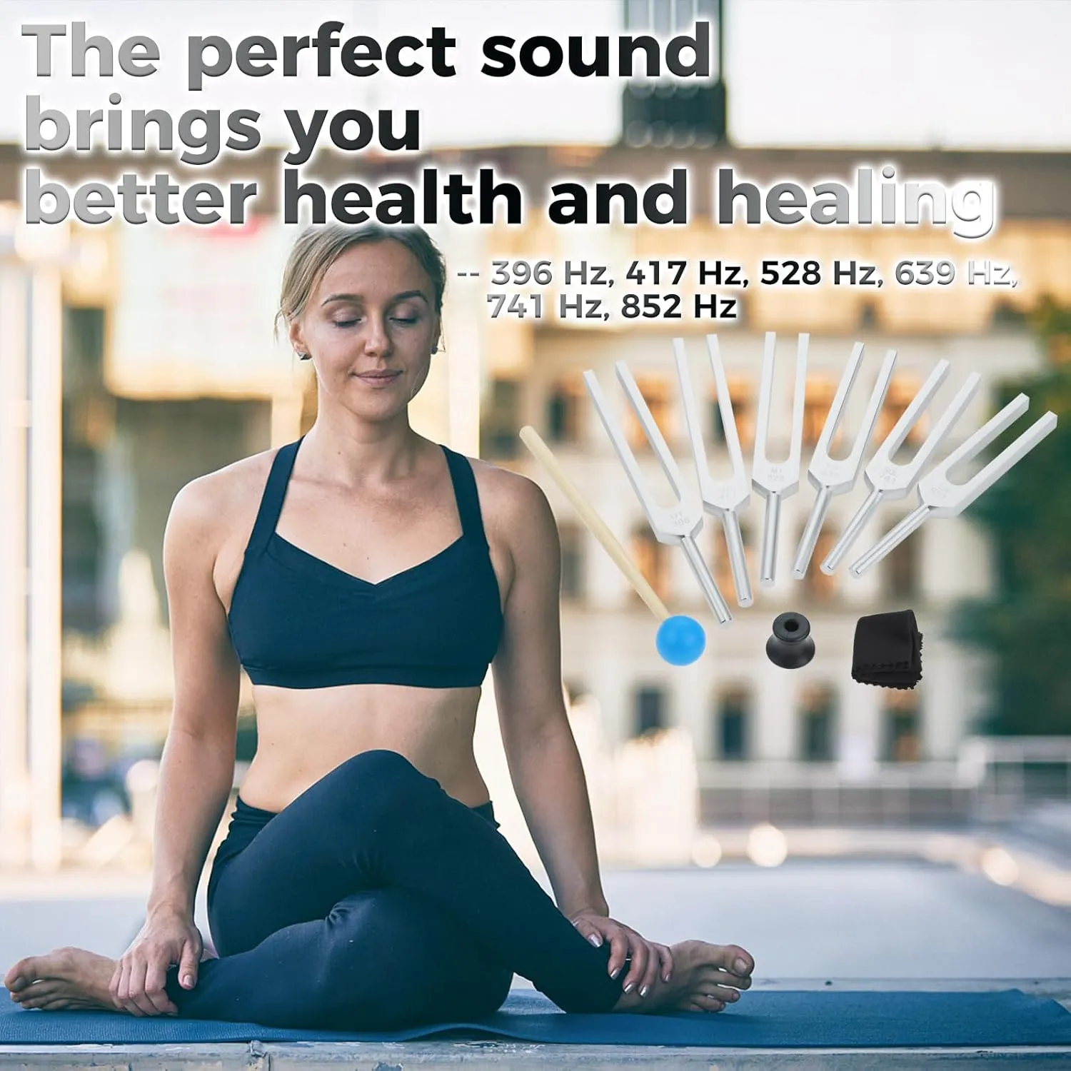 Tuning Fork Set of 6 (UT 396 Hz, RE 417 Hz, MI 528 Hz, SOL 639 HZ, FA 741 HZ, LA 852 HZ) for Sound, Musical Instrument, with Wooden Hammer and Soft Storage Bag