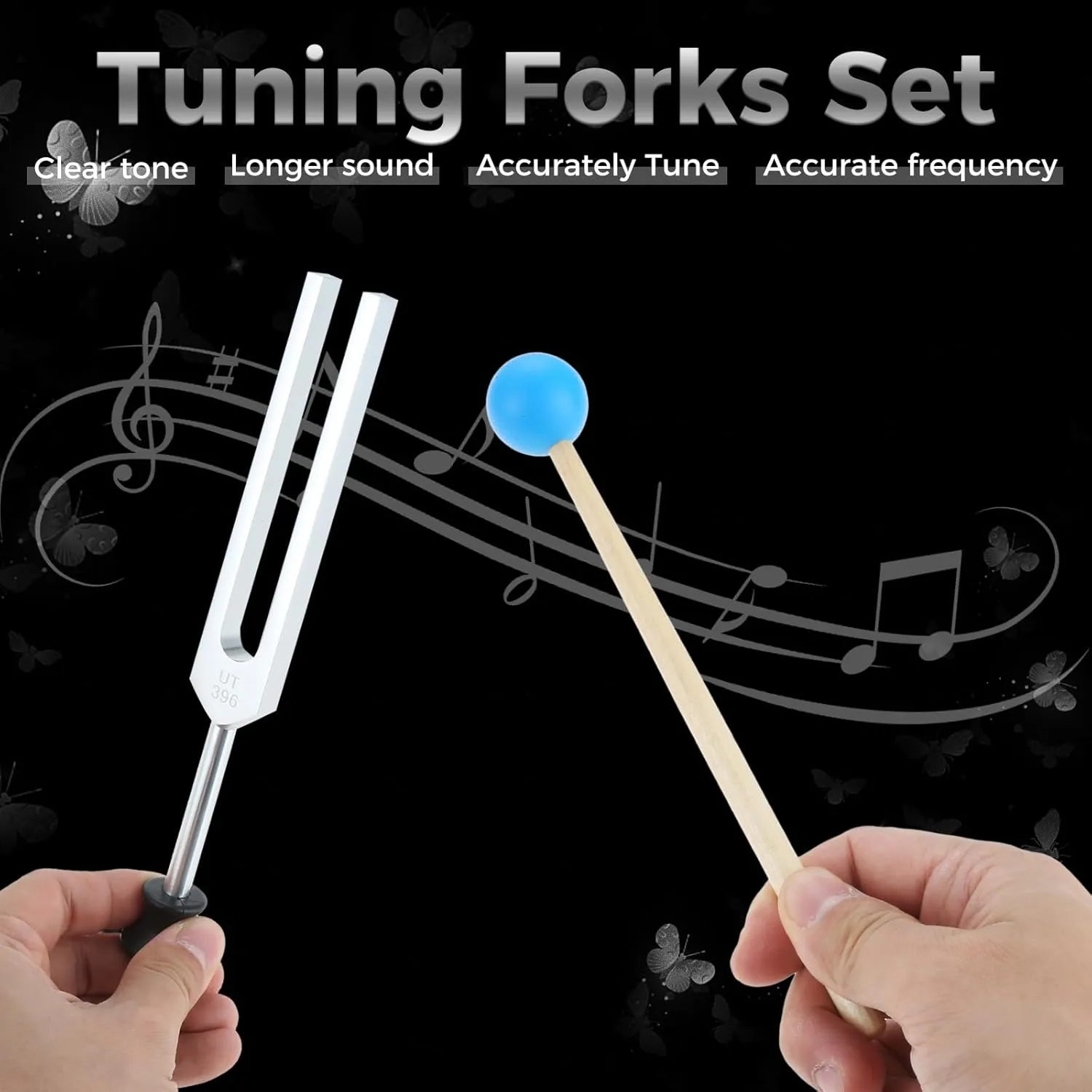 Tuning Fork Set of 6 (UT 396 Hz, RE 417 Hz, MI 528 Hz, SOL 639 HZ, FA 741 HZ, LA 852 HZ) for Sound, Musical Instrument, with Wooden Hammer and Soft Storage Bag
