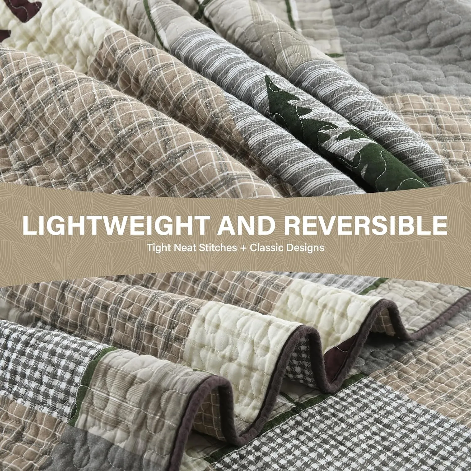 Uniclinens Quilt Set Queen Size, Cotton Quilted Quilt Bedding Set Bedspread, Bear Tree Elk Farmhouse Rustic Quilt, Patchwork Plaid Comforter Set, 3 Pieces Set with 2 Pillowshams, Brown/Grey/Green