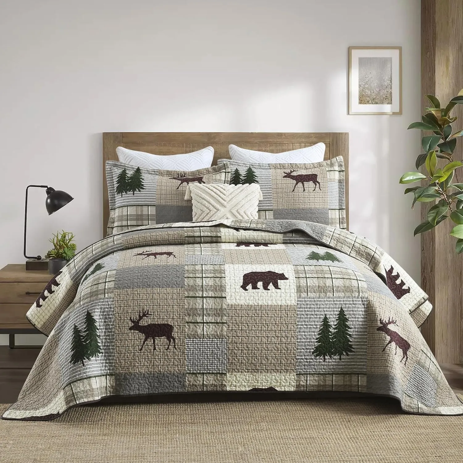 Uniclinens Quilt Set Queen Size, Cotton Quilted Quilt Bedding Set Bedspread, Bear Tree Elk Farmhouse Rustic Quilt, Patchwork Plaid Comforter Set, 3 Pieces Set with 2 Pillowshams, Brown/Grey/Green