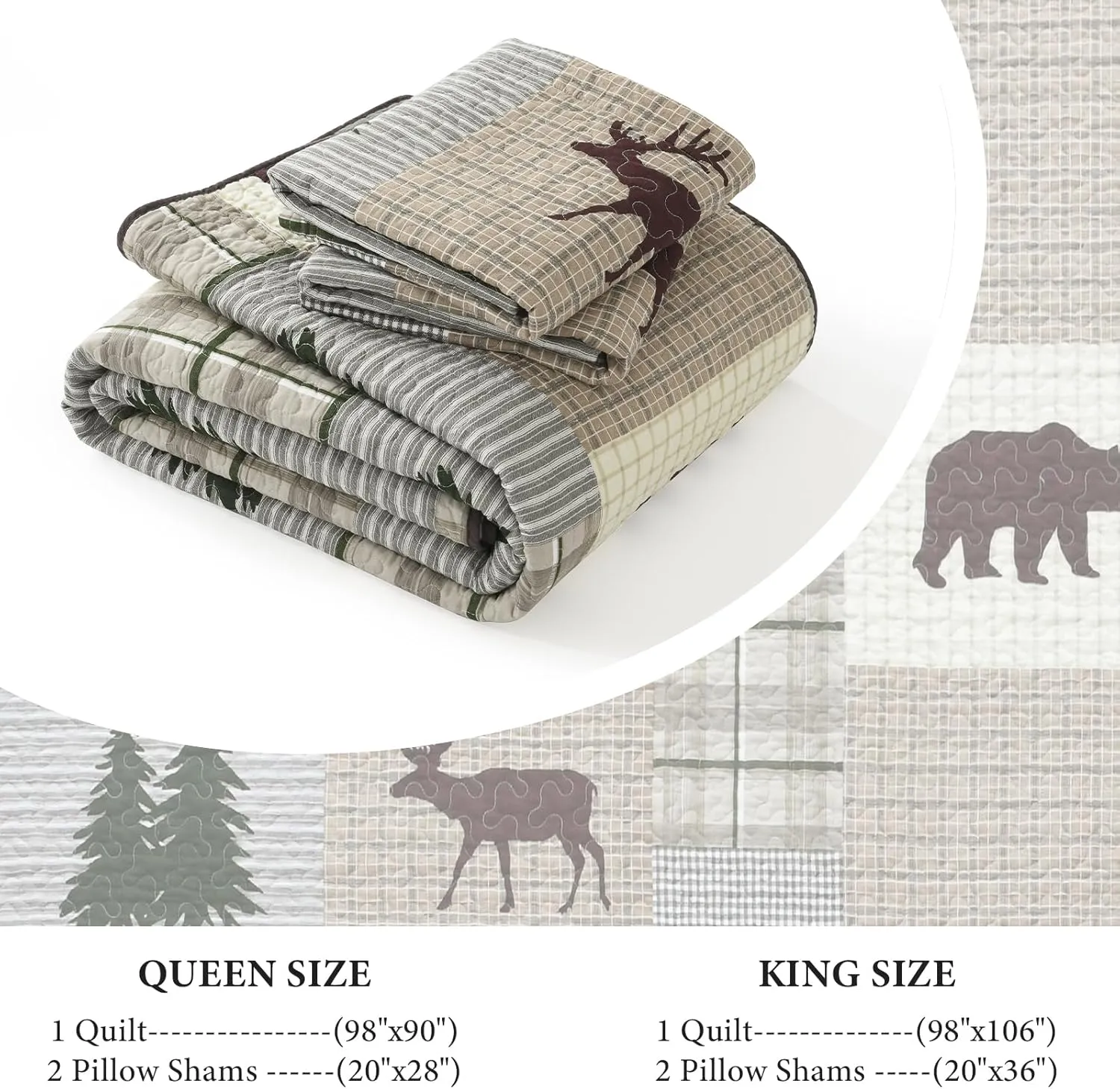 Uniclinens Quilt Set Queen Size, Cotton Quilted Quilt Bedding Set Bedspread, Bear Tree Elk Farmhouse Rustic Quilt, Patchwork Plaid Comforter Set, 3 Pieces Set with 2 Pillowshams, Brown/Grey/Green
