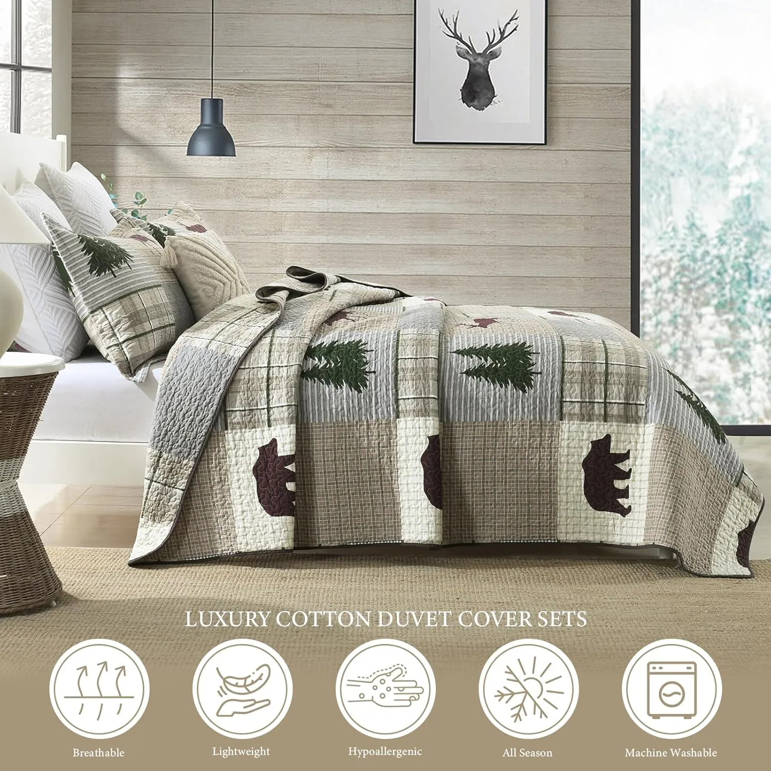 Uniclinens Quilt Set Queen Size, Cotton Quilted Quilt Bedding Set Bedspread, Bear Tree Elk Farmhouse Rustic Quilt, Patchwork Plaid Comforter Set, 3 Pieces Set with 2 Pillowshams, Brown/Grey/Green
