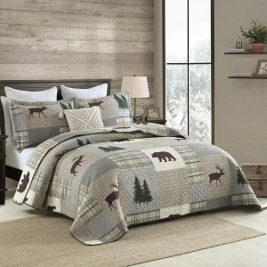 Uniclinens Quilt Set Queen Size, Cotton Quilted Quilt Bedding Set Bedspread, Bear Tree Elk Farmhouse Rustic Quilt, Patchwork Plaid Comforter Set, 3 Pieces Set with 2 Pillowshams, Brown/Grey/Green