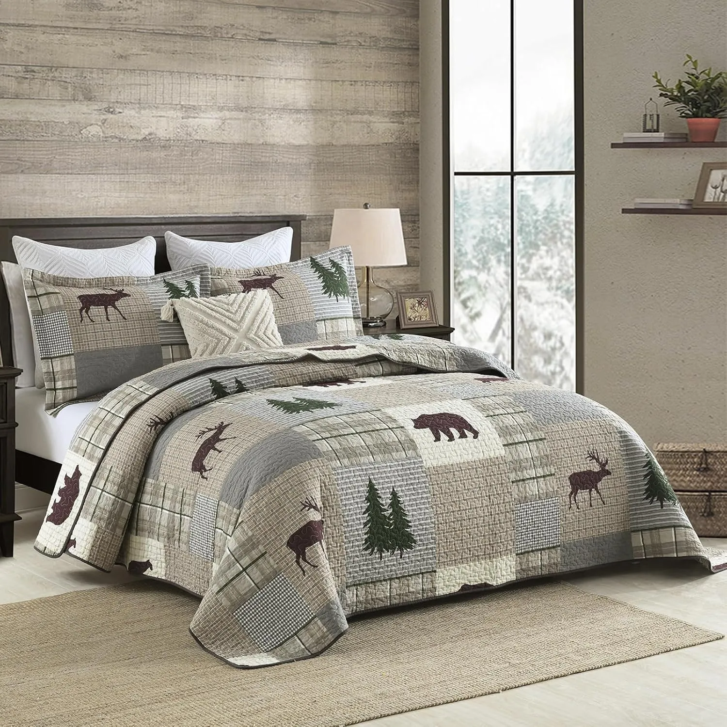 Uniclinens Quilt Set Queen Size, Cotton Quilted Quilt Bedding Set Bedspread, Bear Tree Elk Farmhouse Rustic Quilt, Patchwork Plaid Comforter Set, 3 Pieces Set with 2 Pillowshams, Brown/Grey/Green
