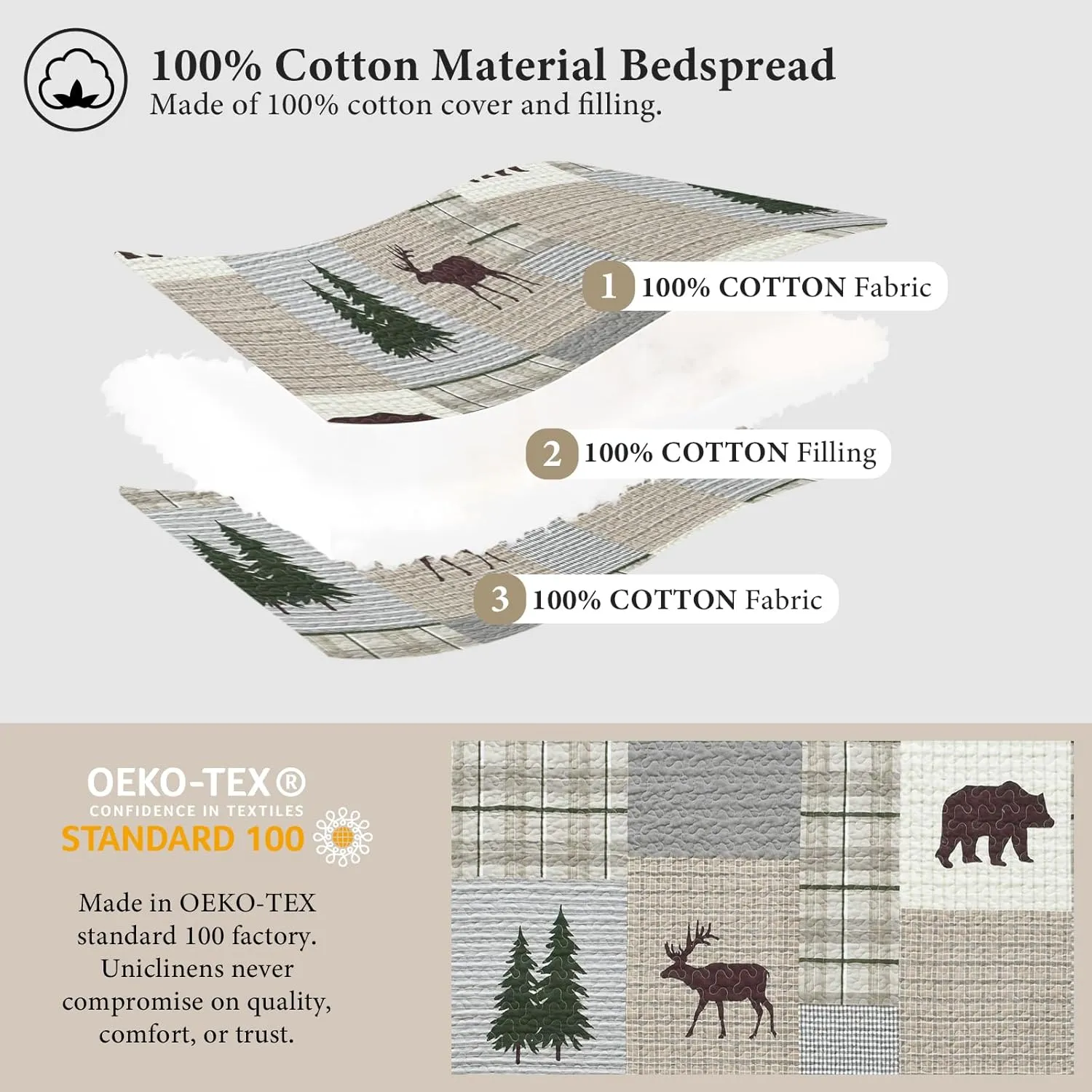 Uniclinens Quilt Set Queen Size, Cotton Quilted Quilt Bedding Set Bedspread, Bear Tree Elk Farmhouse Rustic Quilt, Patchwork Plaid Comforter Set, 3 Pieces Set with 2 Pillowshams, Brown/Grey/Green