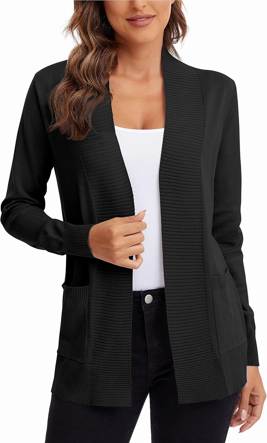 Urban CoCo Women's Lightweight Open Front Knit Cardigan Sweater Long Sleeve with Pocket