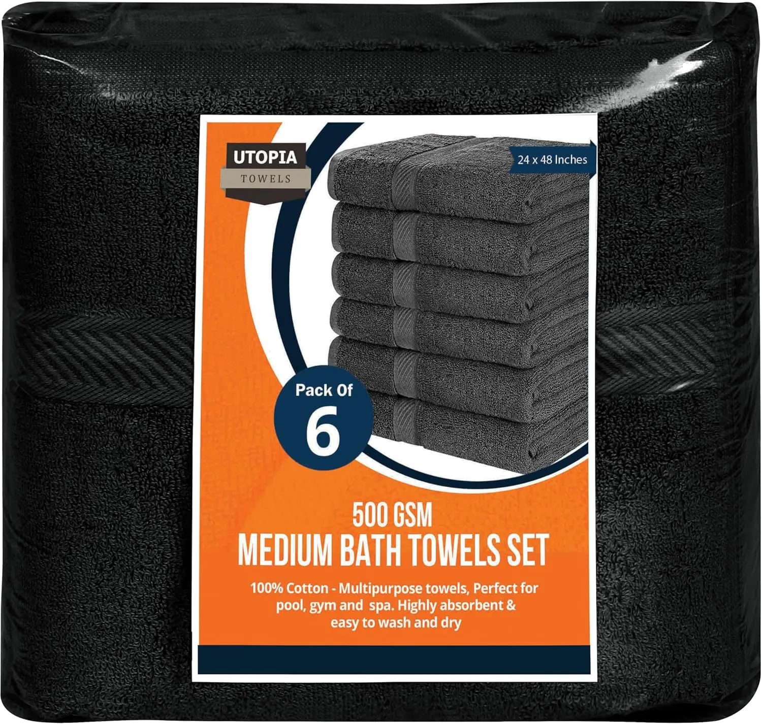 Utopia Towels 6 Pack Medium Bath Towel Set, 24 by 48 Inches, 500 GSM 100% Ring Spun Cotton, Lightweight and Highly Absorbent Quick Drying Premium Towels for Hotel, Spa and Bathroom, Black