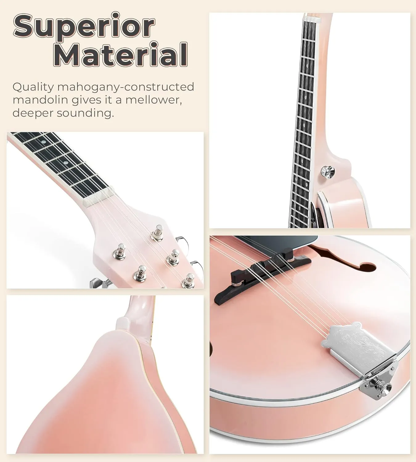 Vangoa Mandolin instrument A Style Mandolin Musical Instrument for Beginners Kids Adults, 8 String Acoustic Mahogany Starter Kits, Pink
