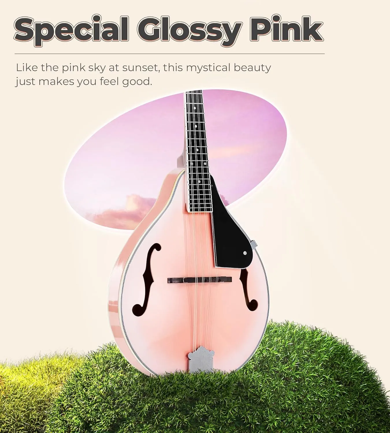 Vangoa Mandolin instrument A Style Mandolin Musical Instrument for Beginners Kids Adults, 8 String Acoustic Mahogany Starter Kits, Pink