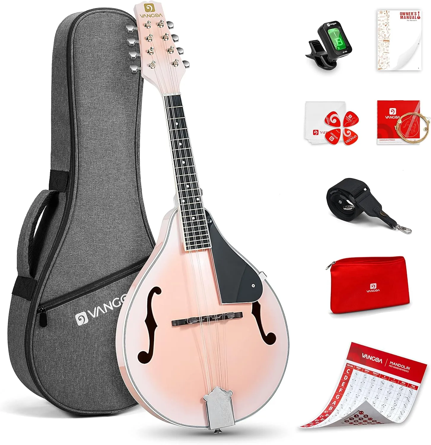 Vangoa Mandolin instrument A Style Mandolin Musical Instrument for Beginners Kids Adults, 8 String Acoustic Mahogany Starter Kits, Pink