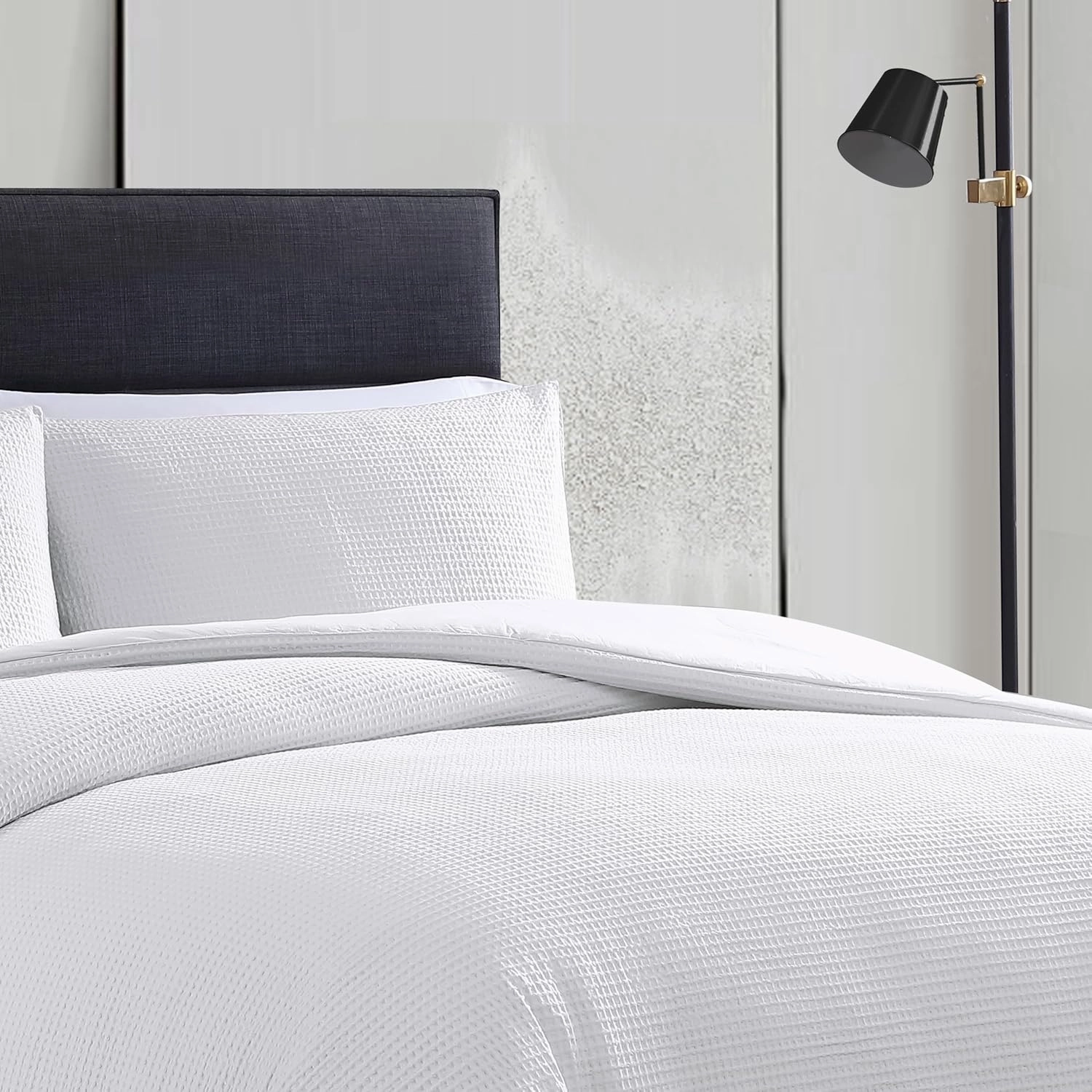 Vera Wang - Queen Comforter Set, Luxury Cotton Bedding with Matching Shams, Medium Weight & Ideal for All Seasons (Waffle Pique Queen, White)