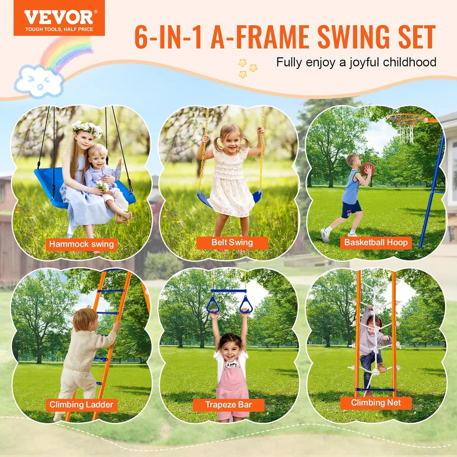 VEVOR Backyard Swing Sets, 6 in 1 Swing Set with Basketball Hoop, Climbing Ladder, Climbing Net, Trapeze Bar, and 2 Swings, 440lbs Load Capacity Heavy-Duty Metal Swingset Outdoor, Ages 3 