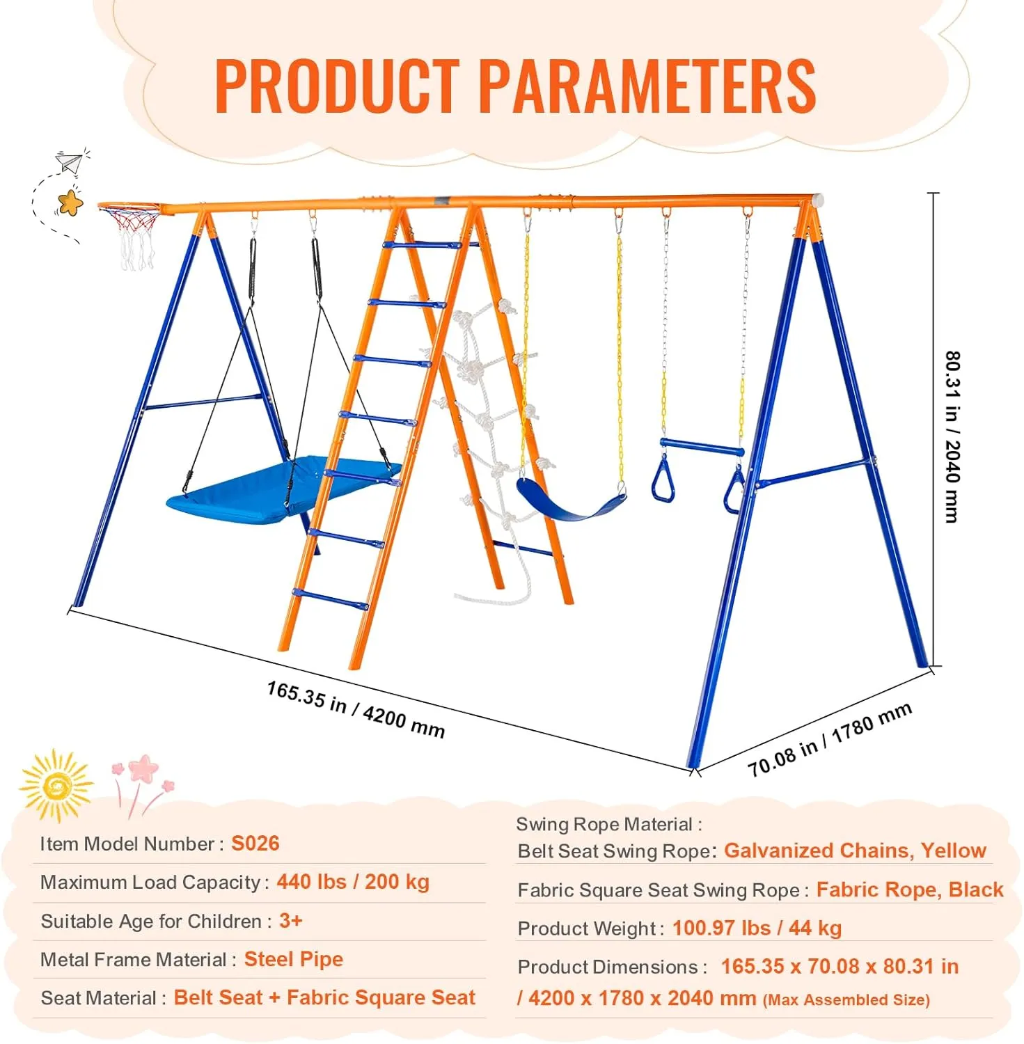 VEVOR Backyard Swing Sets, 6 in 1 Swing Set with Basketball Hoop, Climbing Ladder, Climbing Net, Trapeze Bar, and 2 Swings, 440lbs Load Capacity Heavy-Duty Metal Swingset Outdoor, Ages 3 