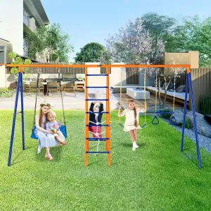 VEVOR Backyard Swing Sets, 6 in 1 Swing Set with Basketball Hoop, Climbing Ladder, Climbing Net, Trapeze Bar, and 2 Swings, 440lbs Load Capacity Heavy-Duty Metal Swingset Outdoor, Ages 3 