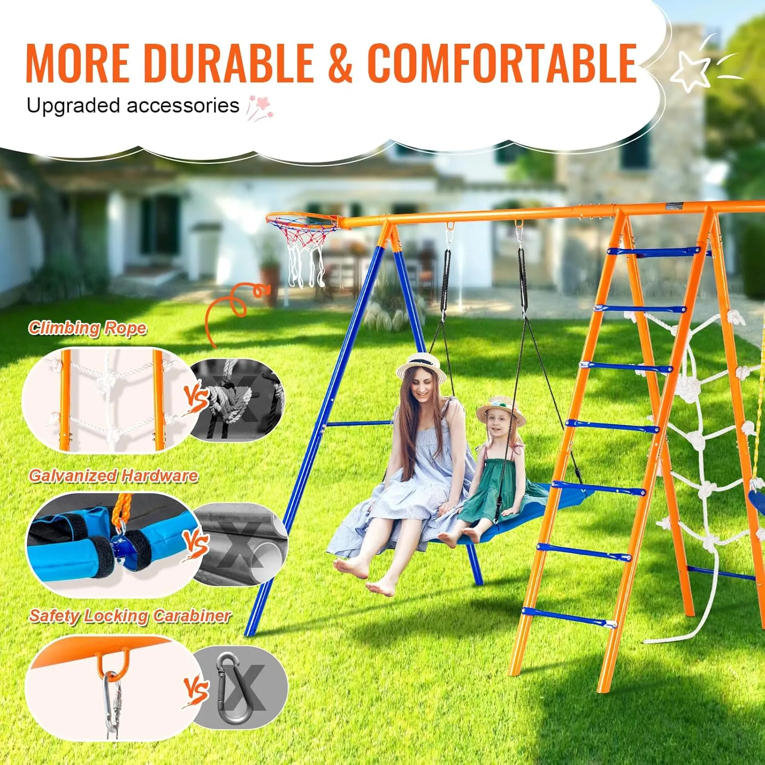 VEVOR Backyard Swing Sets, 6 in 1 Swing Set with Basketball Hoop, Climbing Ladder, Climbing Net, Trapeze Bar, and 2 Swings, 440lbs Load Capacity Heavy-Duty Metal Swingset Outdoor, Ages 3 