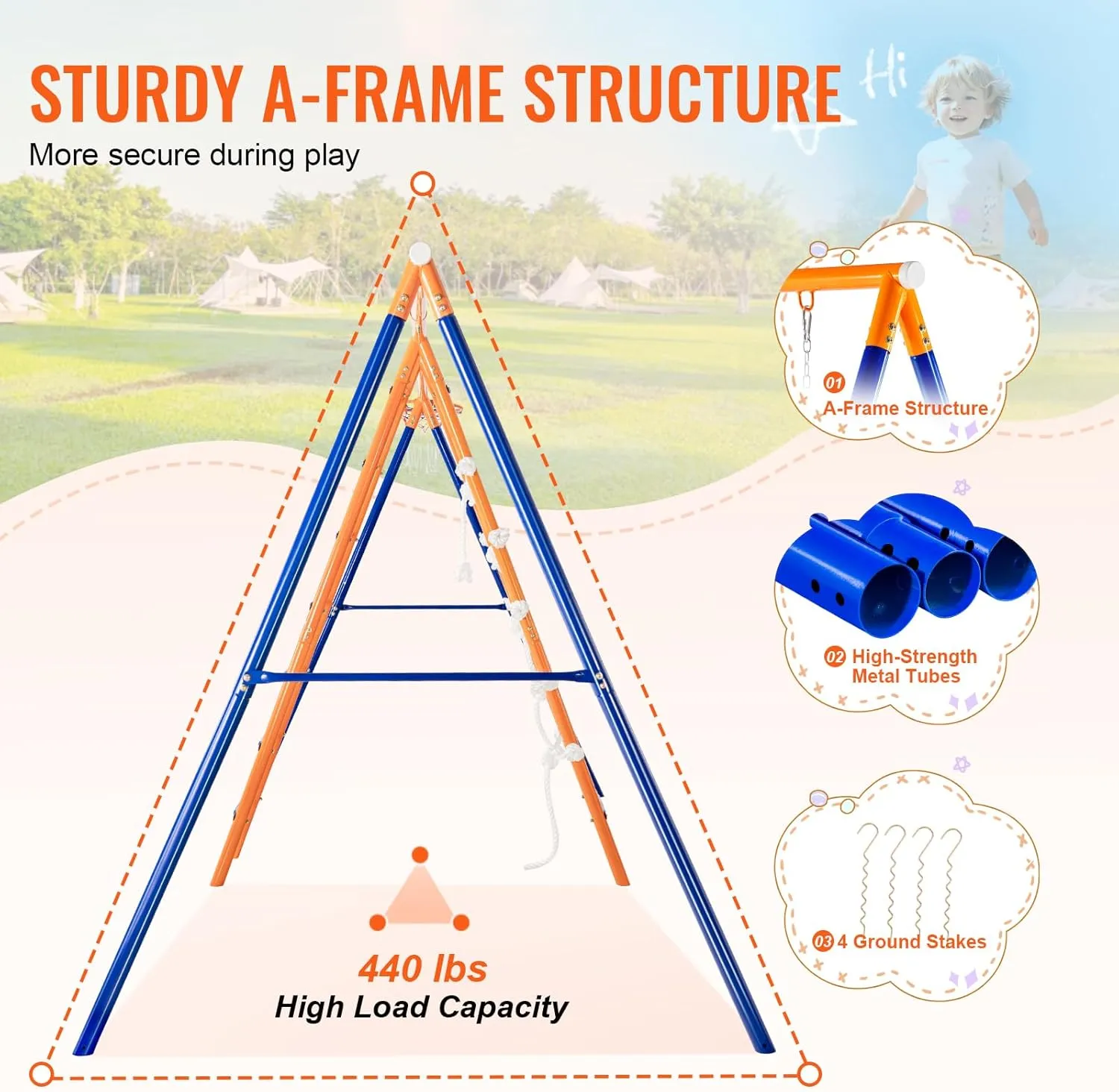 VEVOR Backyard Swing Sets, 6 in 1 Swing Set with Basketball Hoop, Climbing Ladder, Climbing Net, Trapeze Bar, and 2 Swings, 440lbs Load Capacity Heavy-Duty Metal Swingset Outdoor, Ages 3 
