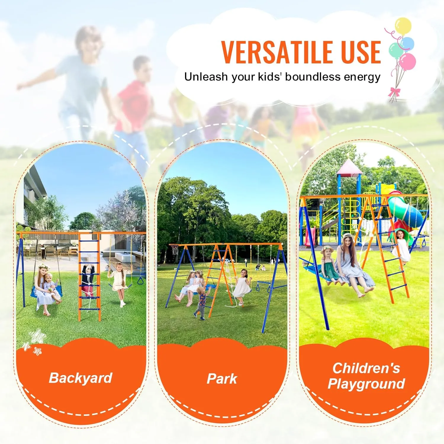 VEVOR Backyard Swing Sets, 6 in 1 Swing Set with Basketball Hoop, Climbing Ladder, Climbing Net, Trapeze Bar, and 2 Swings, 440lbs Load Capacity Heavy-Duty Metal Swingset Outdoor, Ages 3 