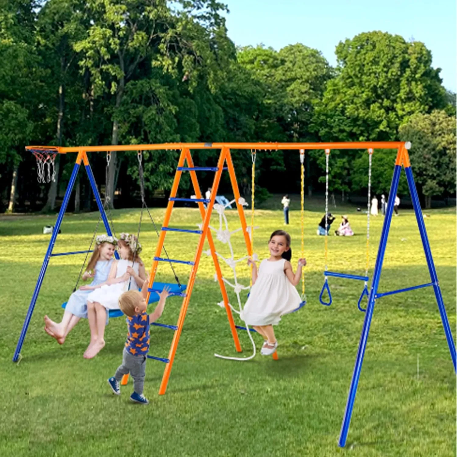 VEVOR Backyard Swing Sets, 6 in 1 Swing Set with Basketball Hoop, Climbing Ladder, Climbing Net, Trapeze Bar, and 2 Swings, 440lbs Load Capacity Heavy-Duty Metal Swingset Outdoor, Ages 3 