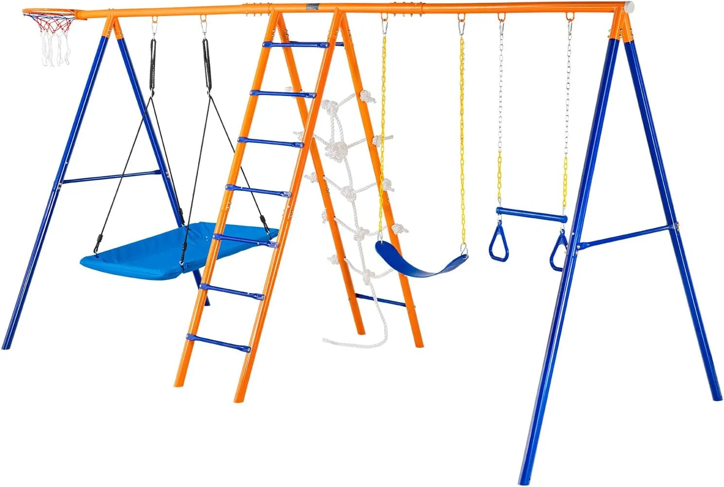 VEVOR Backyard Swing Sets, 6 in 1 Swing Set with Basketball Hoop, Climbing Ladder, Climbing Net, Trapeze Bar, and 2 Swings, 440lbs Load Capacity Heavy-Duty Metal Swingset Outdoor, Ages 3 