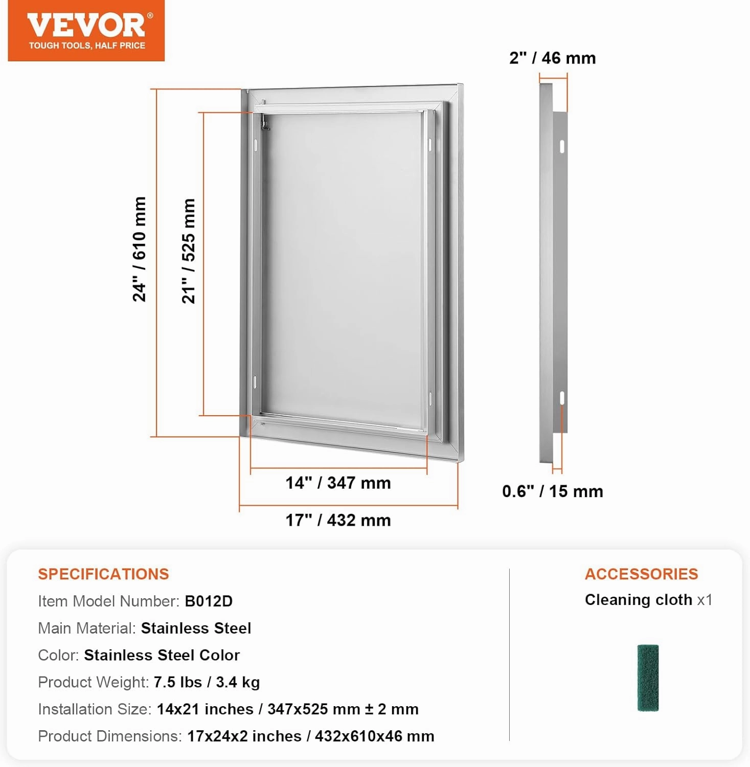 VEVOR BBQ Access Door 17W x 24H Inch, Vertical Single BBQ Door Stainless Steel with Recessed Handle, Outdoor Kitchen Doors for BBQ Island, Grill Station, Outside Cabinet
