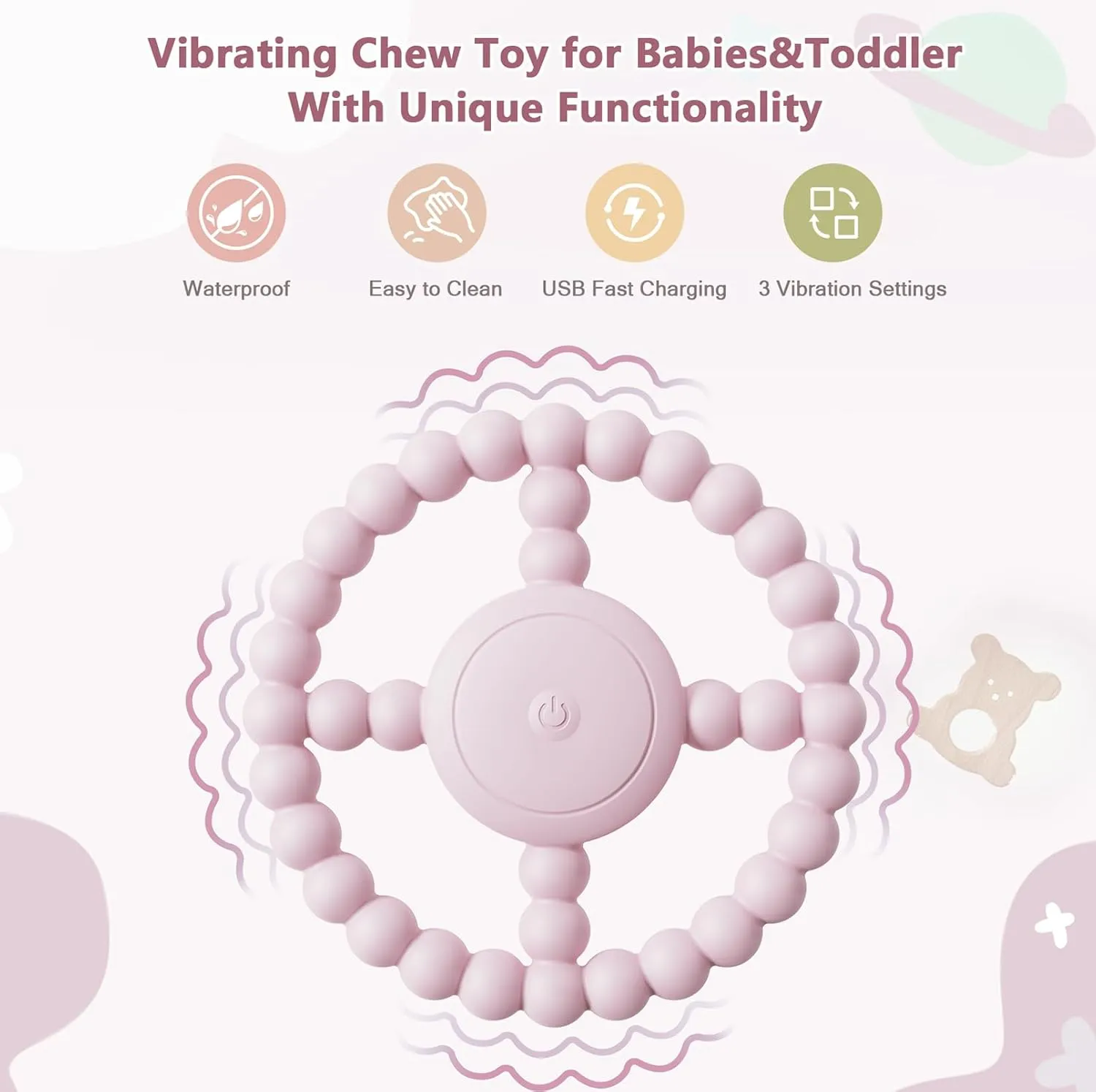 Vibrating Sensory Teething Toys, Soothing Chew Ring for Babies 6-18 Months, Autism Support & Oral Development, USB Rechargeable Teether for Toddlers, 1-2 Year Old Boys Girls Gifts idea (Pink)
